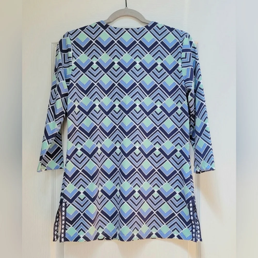 J. McLaughlin Catalina Cloth Tunic Top Women's Small Blue Green Split Neck Shirt - Picture 3 of 8